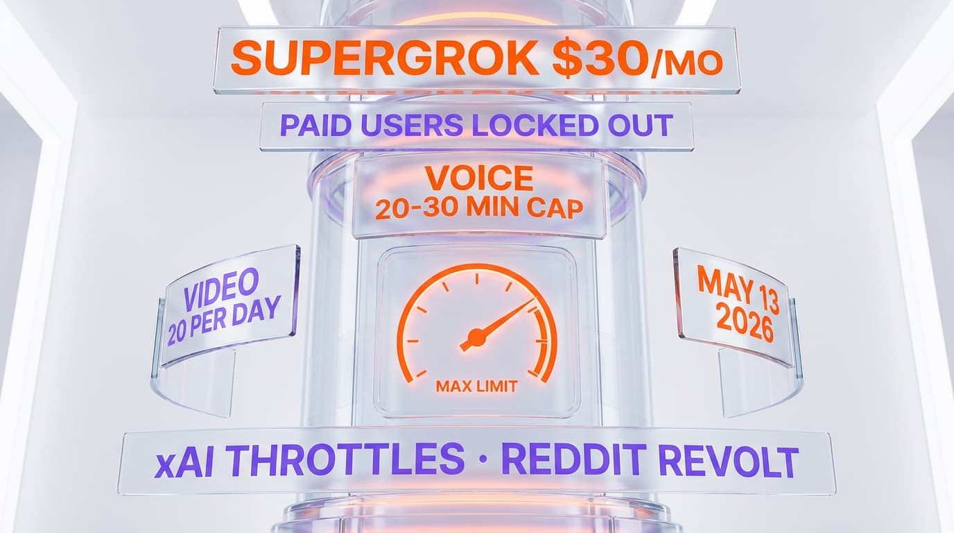 xAI Throttles SuperGrok $30 Paid Tier: Voice Locked After 20-30 Min, Video Capped at 20 a Day — Subscribers Revolt (May 13, 2026)